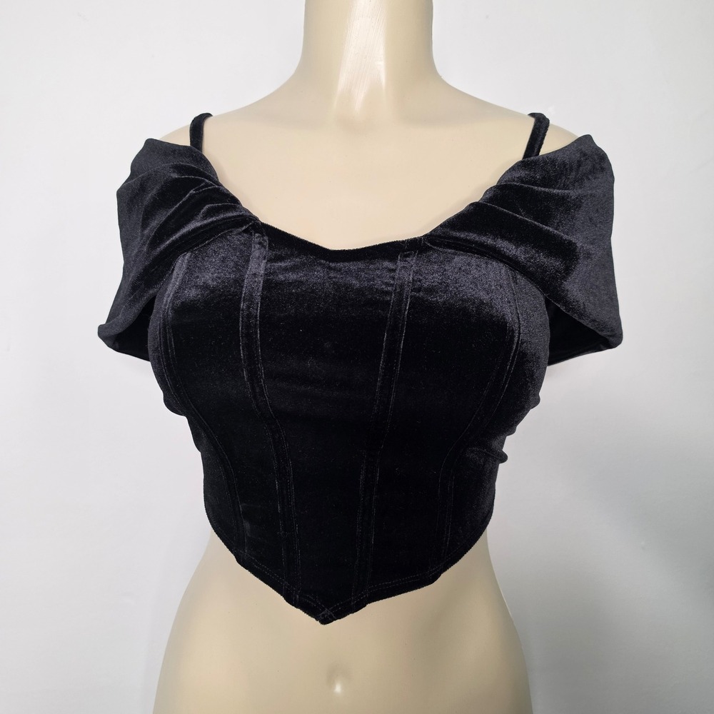Crop Top Womens M Black Velvet Corset Off Shoulder Sweetheart Whimsygoth Witchy